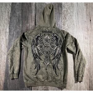 Affliction Hoodie Mens Large Green Tie Dye Cross Wings Gothic Full Zip USA Y2K